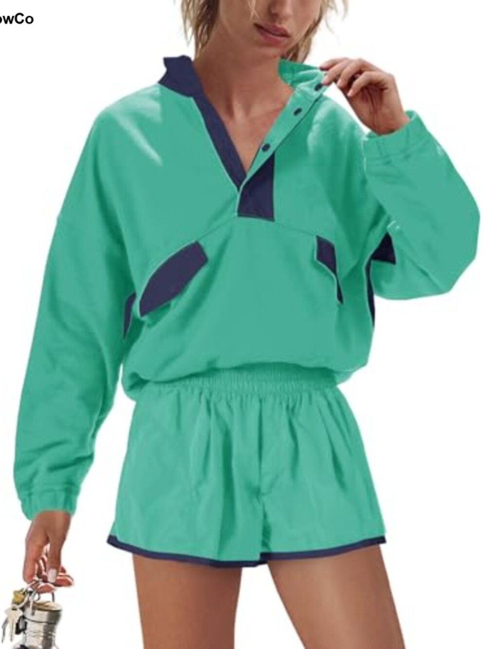 Womens Workout Set 2 Piece Long Sleeve Pullover Sweatshirt & Shorts Activewear
